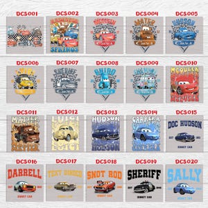 Peut inclure: Une collection de 20 motifs rectangulaires mettant en vedette divers personnages et logos de la franchise de films Disney Cars. Chaque motif comprend une image de voiture, le nom du personnage et le texte "Cars".