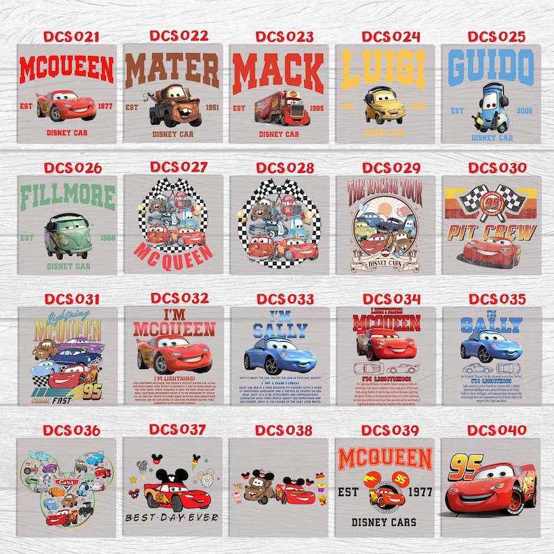 Peut inclure: Une collection de motifs carr&eacute;s mettant en vedette des personnages du film Disney Cars. Chaque motif comprend une image du personnage, le nom du personnage et le logo Disney Cars. Les motifs sont de couleurs vari&eacute;es.