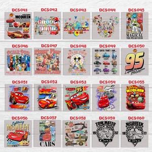 Peut inclure: Collection de motifs carr&eacute;s mettant en vedette des personnages et des th&egrave;mes du film d'animation "Cars". Les motifs incluent Flash McQueen, Pixar Fest et d'autres personnages. Chaque motif a un graphisme et un texte uniques.