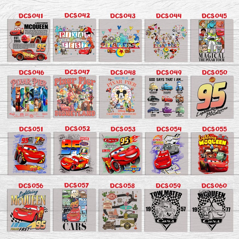 Peut inclure: Collection de motifs carr&eacute;s mettant en vedette des personnages et des th&egrave;mes du film d'animation "Cars". Les motifs incluent Flash McQueen, Pixar Fest et d'autres personnages. Chaque motif a un graphisme et un texte uniques.