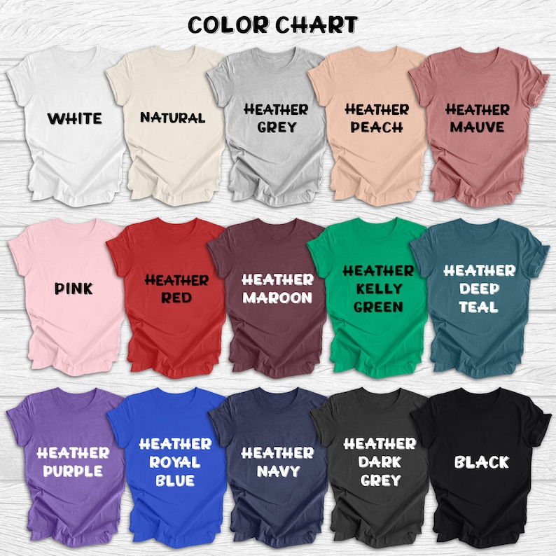 Op de afbeelding: Kleurenkaart met 15 verschillende T-shirt kleuren, waaronder wit, naturel, heather grijs, heather perzik, heather mauve, roze, heather rood, heather maroon, heather kelly groen, heather deep teal, heather paars, heather koninklijk blauw, heather marine, heather donker grijs en zwart.