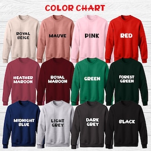 Peut inclure: Un nuancier pr&eacute;sentant des sweatshirts &agrave; col rond de diff&eacute;rentes couleurs. Les couleurs incluent beige royal, mauve, rose, rouge, marron chin&eacute;, marron royal, vert, vert for&ecirc;t, bleu nuit, gris clair, gris fonc&eacute; et noir.