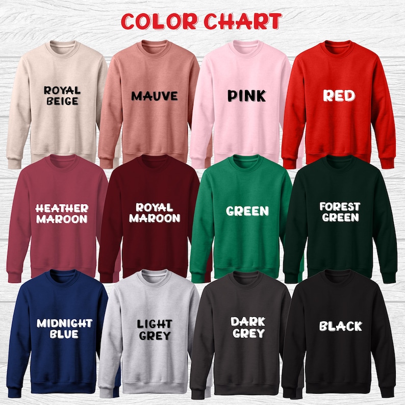 Peut inclure: Un nuancier pr&eacute;sentant des sweatshirts &agrave; col rond de diff&eacute;rentes couleurs. Les couleurs incluent beige royal, mauve, rose, rouge, marron chin&eacute;, marron royal, vert, vert for&ecirc;t, bleu nuit, gris clair, gris fonc&eacute; et noir.