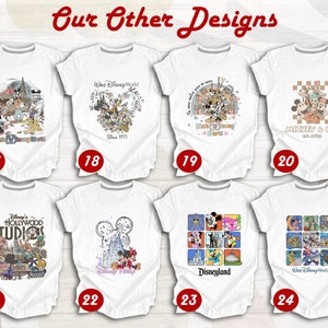 Puede incluir: Un collage de ocho camisetas blancas con diferentes dise&ntilde;os de tem&aacute;tica Disney. Los dise&ntilde;os incluyen a Mickey Mouse, Minnie Mouse, Donald Duck, Goofy y otros personajes de Disney. Las camisetas son todas blancas y tienen una variedad de dise&ntilde;os diferentes. Los dise&ntilde;os son todos en estilo de dibujos animados y presentan una variedad de colores diferentes. Las camisetas est&aacute;n todas numeradas del 17 al 24.