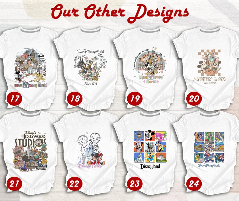 Puede incluir: Un collage de ocho camisetas blancas con diferentes dise&ntilde;os de tem&aacute;tica Disney. Los dise&ntilde;os incluyen a Mickey Mouse, Minnie Mouse, Donald Duck, Goofy y otros personajes de Disney. Las camisetas son todas blancas y tienen una variedad de dise&ntilde;os diferentes. Los dise&ntilde;os son todos en estilo de dibujos animados y presentan una variedad de colores diferentes. Las camisetas est&aacute;n todas numeradas del 17 al 24.