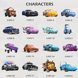 May include: A colourful chart featuring 24 different cartoon cars from the Cars movie franchise. Each car is labelled with its corresponding number from 1 to 24.