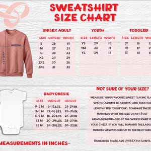 Peut inclure: Un sweat-shirt corail et un body blanc pour b&eacute;b&eacute; sont pr&eacute;sent&eacute;s avec un tableau des tailles. Le tableau indique les mesures en pouces pour les tailles unisexes adultes, jeunes et tout-petits, ainsi que les tailles de body pour b&eacute;b&eacute;s. Le texte "SWEATSHIRT SIZE CHART" est en haut.