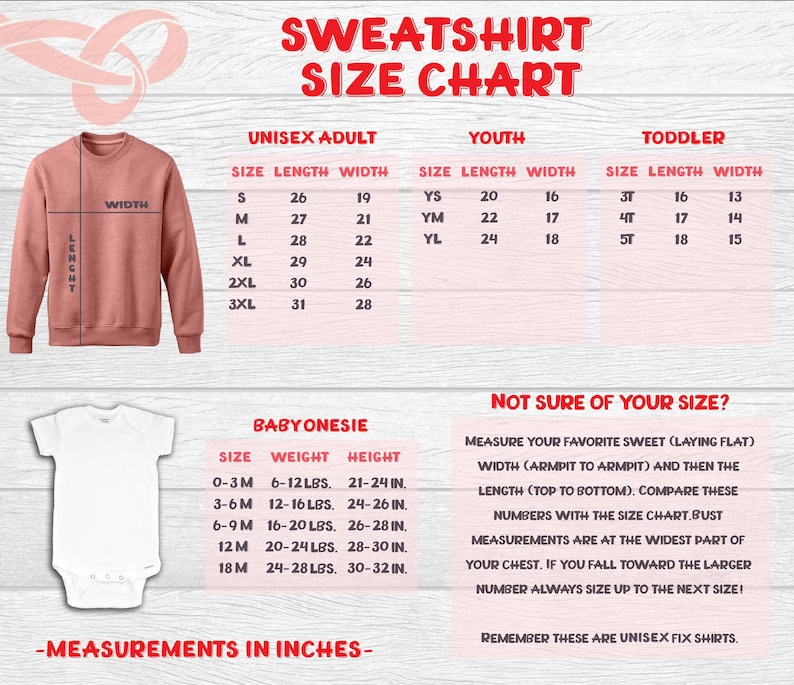 Peut inclure: Un sweat-shirt corail et un body blanc pour b&eacute;b&eacute; sont pr&eacute;sent&eacute;s avec un tableau des tailles. Le tableau indique les mesures en pouces pour les tailles unisexes adultes, jeunes et tout-petits, ainsi que les tailles de body pour b&eacute;b&eacute;s. Le texte "SWEATSHIRT SIZE CHART" est en haut.