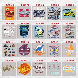 Peut inclure: Une collection d'impressions carr&eacute;es avec des motifs du film d'animation Cars. Chaque impression pr&eacute;sente diff&eacute;rents personnages, logos et phrases, dont "Lightning Speed", "Hudson Hornet" et "Cruz Ramirez".