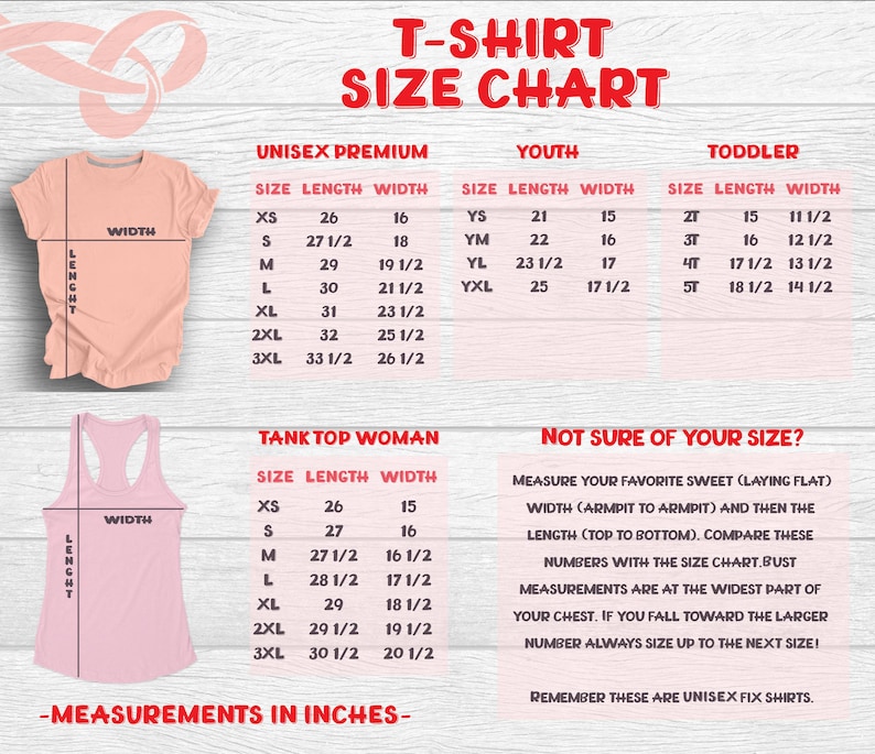Peut inclure: Un tableau des tailles de t-shirts de couleur p&ecirc;che avec des mesures en pouces. Le tableau comprend des tailles pour les t-shirts unisexes premium, jeunes et tout-petits, ainsi que des d&eacute;bardeurs pour femmes. Le texte indique "T-SHIRT SIZE CHART".