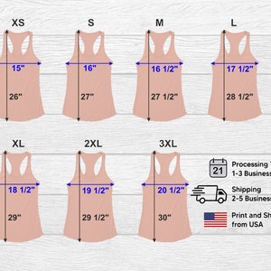 May include: Size chart for a women's tank top in sizes XS to 3XL. The chart shows the width and length measurements in inches for each size.