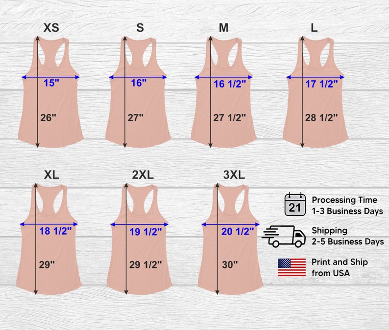 May include: Size chart for a women's tank top in sizes XS to 3XL. The chart shows the width and length measurements in inches for each size.