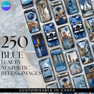 Libreria di contenuti BLU di lusso, modelli di storie estetiche, bobine pronte all'uso, beige, crema, bianco, marketing digitale, Instagram senza volto