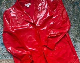 Vintage 90s Karen Kane red retro vinyl rain slicker jacket, size small medium