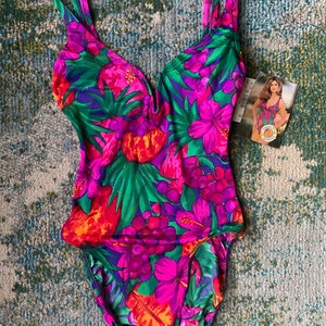 Vintage 90s dead stock Kathy Ireland pink tropical high cut one piece swimsuit, size 9/10 small medium / vintage swimwear / 90s style