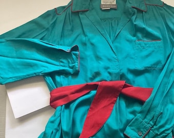 Rare vintage 70/80s Diane Von Furstenberg Saks Fifth Avenue red teal silk belted maxi collared sheath house dress, size 12 / 70s dresses