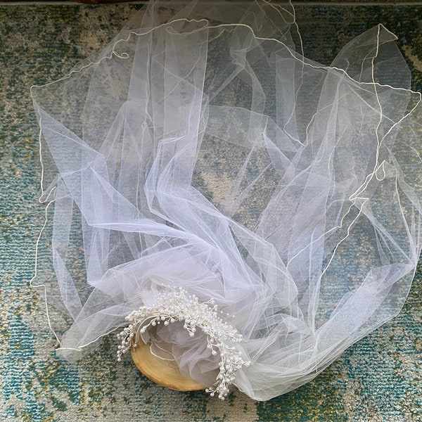 Vintage double layered pearl headband tiara crown white wedding bridal veil / 90s wedding / headdress veil / bridal accessories/ vintage