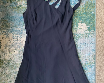 Vintage 1960s Neal-McClintock black crepe sleeveless cut out shoulder swing dress, size 12 large / LBD / retro dress / 1960s dress / 60s