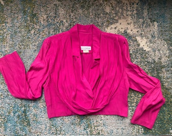 Vintage Blossom Rosen pink barbiecore tuxedo cropped drape button blouse, size 12 / retro / 90s style / 80s style