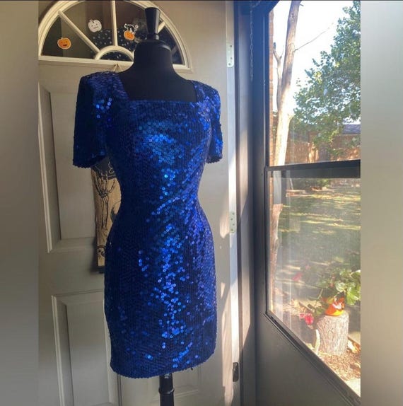 Vintage 90s Niteline Della Roufogali blue sequined holiday festive cocktail dress, size 6 / Vintage dresses / 90s style / sequins / formal Vintage 90s Niteline Della Roufogali blue sequined holiday festive cocktail dress, size 6 / Vintage dresses / 90s style / sequins / formal