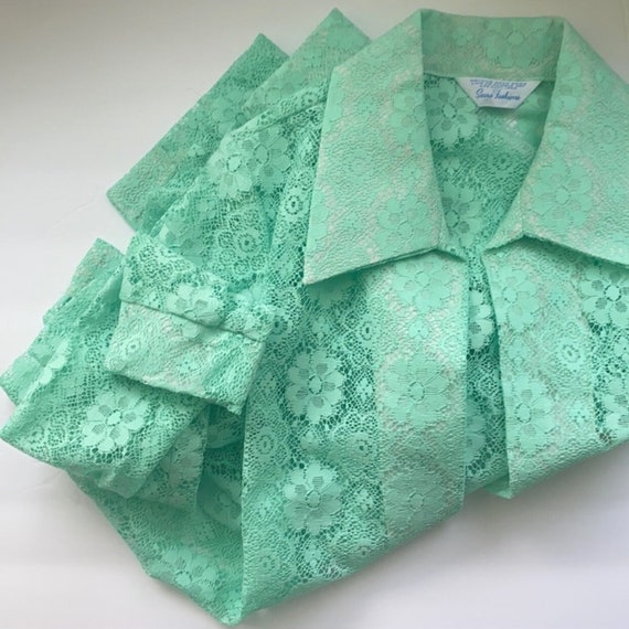 Vintage 60s Sears Fashions mint green open lace c… - image 1