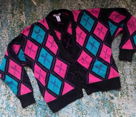 Vintage 80/90s Argyle Button Down Cardigan Sweater, Size Medium 