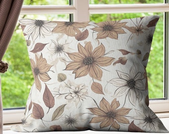 Natural brown floral cushion cover, Pillowcase, Decorative cushion cover, Gift for someone special