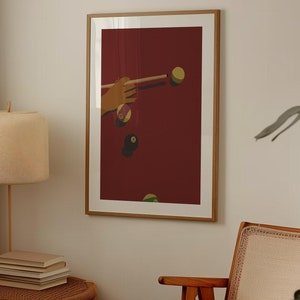 Retro Billiards Pool Table Digital Print, Hand-drawn Illustration, Instant Downloadable Print