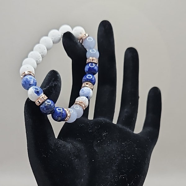 Serenity Crystal Healing Stretch Diffuser Bracelet Aquamarine Lapis Lazuli Sodalite White Lava Rock Rose Gold Rhinestone Rondelle Beads