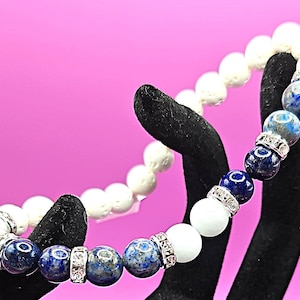 SERENITY Crystal Healing Diffuser Bracelet: Aquamarine, Sodalite, Lapis Lazuli & Lava Rock Beads