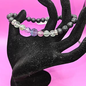 FLUORITE BLOSSOM Crystal Healing Diffuser Bracelet: Fluorite, Lava & Carved Flower Focal Bead