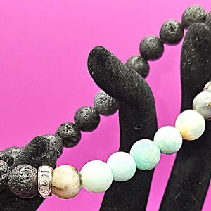 BEACH MELODY Amazonite and Black Lava Rock Crystal Diffuser Stretch Bracelet