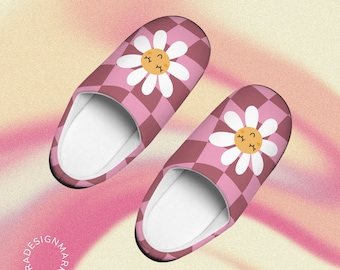 Pink cute floral slippers, Slippers women's, Women's shoes, Comfy and soft slippers, Checkered, gifts, Retro slippers, Cozy slides women's