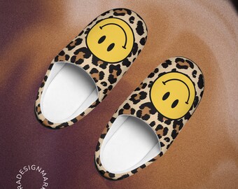 Happy face slippers, Leopard print slippers, Comfy slippers, Gifts, Women's shoes, Slippers women cute, Women's ultra soft slipper