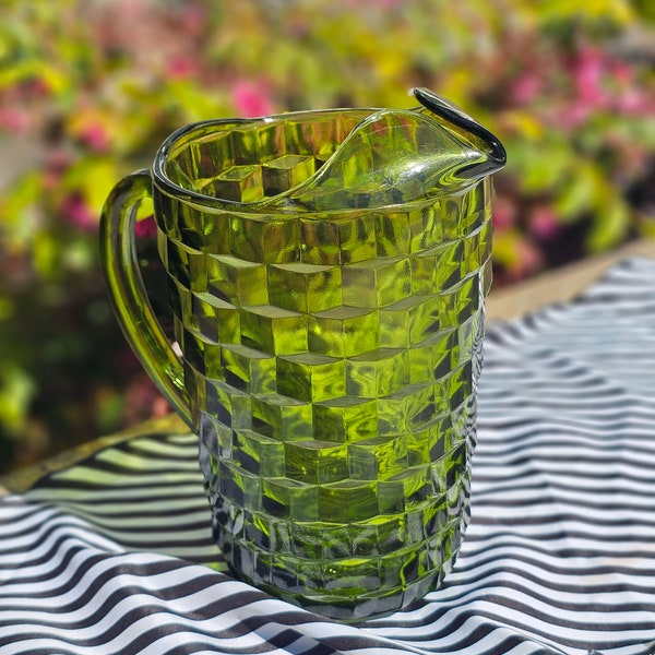 Vintage Indiana Glass Colony Whitehall Avocado Green Glass Pitcher (Water, Iced Tea, Cocktails)