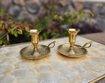 Vintage Set of Two Etched Brass Walking Chamberstick Candle Holders