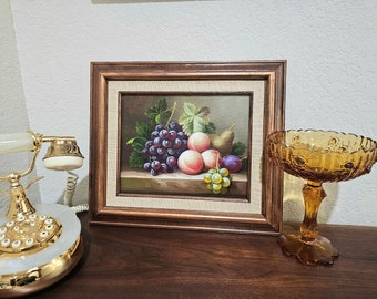 Vintage nature morte peinture à l'huile de fruits avec cadre en bois 12,5 x 14,5 pouces