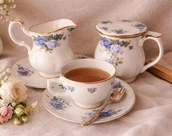 Royal Albert Moonlight Rose Bone China Tea Set: Creamer, Sugar Bowl, Teacup, Saucer