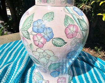 Vintage Asian Ginger Jar Vase Chinoiserie Birds, Cherry Blossom, Flowers