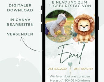 May include: A digital invitation for a first birthday, displayed on a smartphone. The design features a photo of a baby and a lion illustration. Text includes "Invitation", "Emil", date, time, and address.