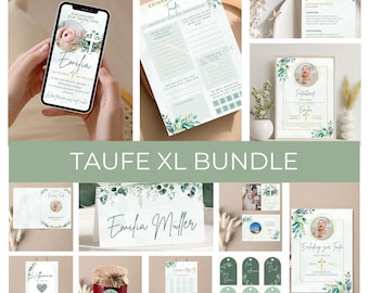 Paquete de bautizo personalizado | Invitaciones de bautizo para niñas y niños | Decoraciones de eucalipto para bautizo | Tarjetas de menú | Tarjetas de lugar | Libro de visitas digital