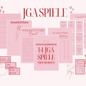 Könnte beinhalten: Ein Set mit 14 druckbaren Brautparty-Spielen mit pinkem und rotem Text auf rosa Hintergrund. Die Spiele beinhalten "Brautkleid Raten", "Wer Kennt Die Braut", "Guess Who? Edition", "Personaliserbar 14 JGA Spiele Über 800 Ideen!" und "Spendier Der Braut Einen Drink".