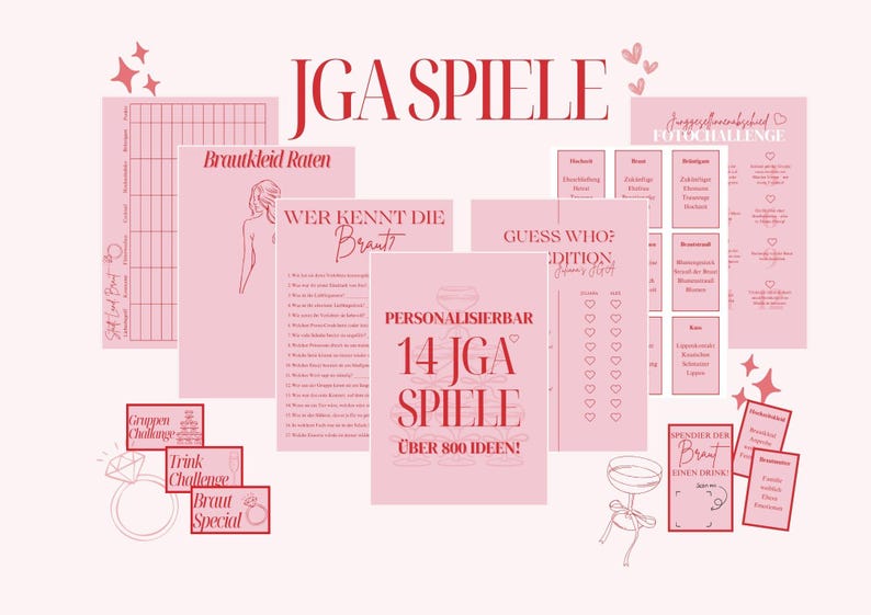 May include: A set of 14 printable bridal shower games with pink and red text on a pink background. The games include "Brautkleid Raten", "Wer Kennt Die Braut", "Guess Who? Edition", "Personaliserbar 14 JGA Spiele &Uuml;ber 800 Ideen!" and "Spendier Der Braut Einen Drink".