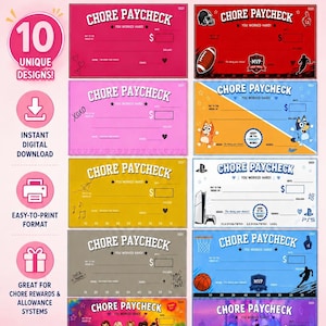 Puede incluir: Un paquete digital de 10 plantillas únicas de cheques de tareas para niños, con varios diseños coloridos con temas como deportes, juegos y personajes. Cada cheque incluye campos para la fecha, el beneficiario, el monto y una nota.