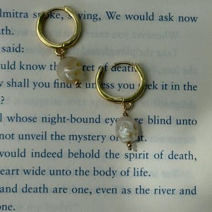 Carved pearl skull hoop huggie earrings gold filled