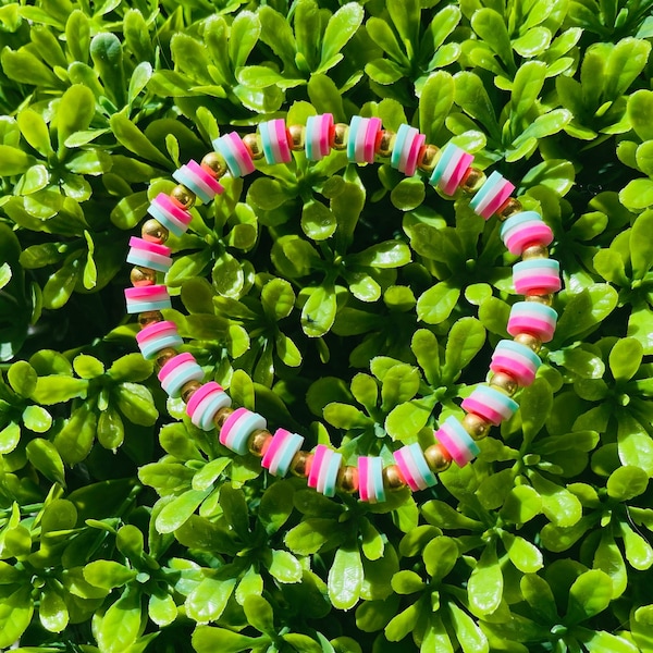 Preppy pink/teal Clay Bead Bracelet