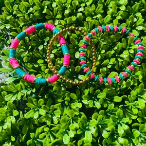 3pc Pink and Green Clay Bead Bracelet Set