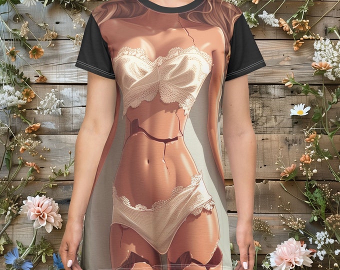 Featured listing image: Artistic T-Shirt Dress, Unique Graphic Dress, Casual Summer Outfit, Trendy Fashion Dress, Gift for Her, Femiine Wardrobe Staple