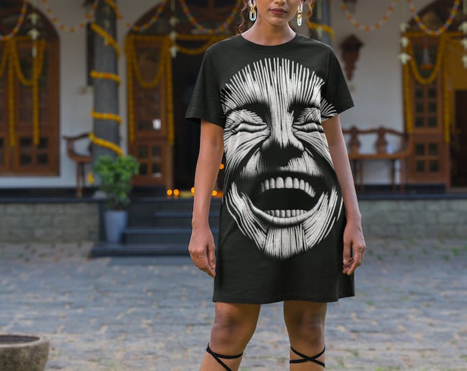 Featured listing image: Smiling Expression T-Shirt Dress, Casual Summer Dress, Fun Graphic Dress, Unique Art Dress, Perfect Gift for Art Lovers