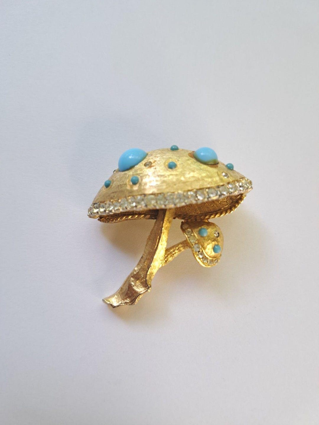 Vintage Capri Mushroom Brooch Pin Gold Tone Teal Rhinestone Costume ...